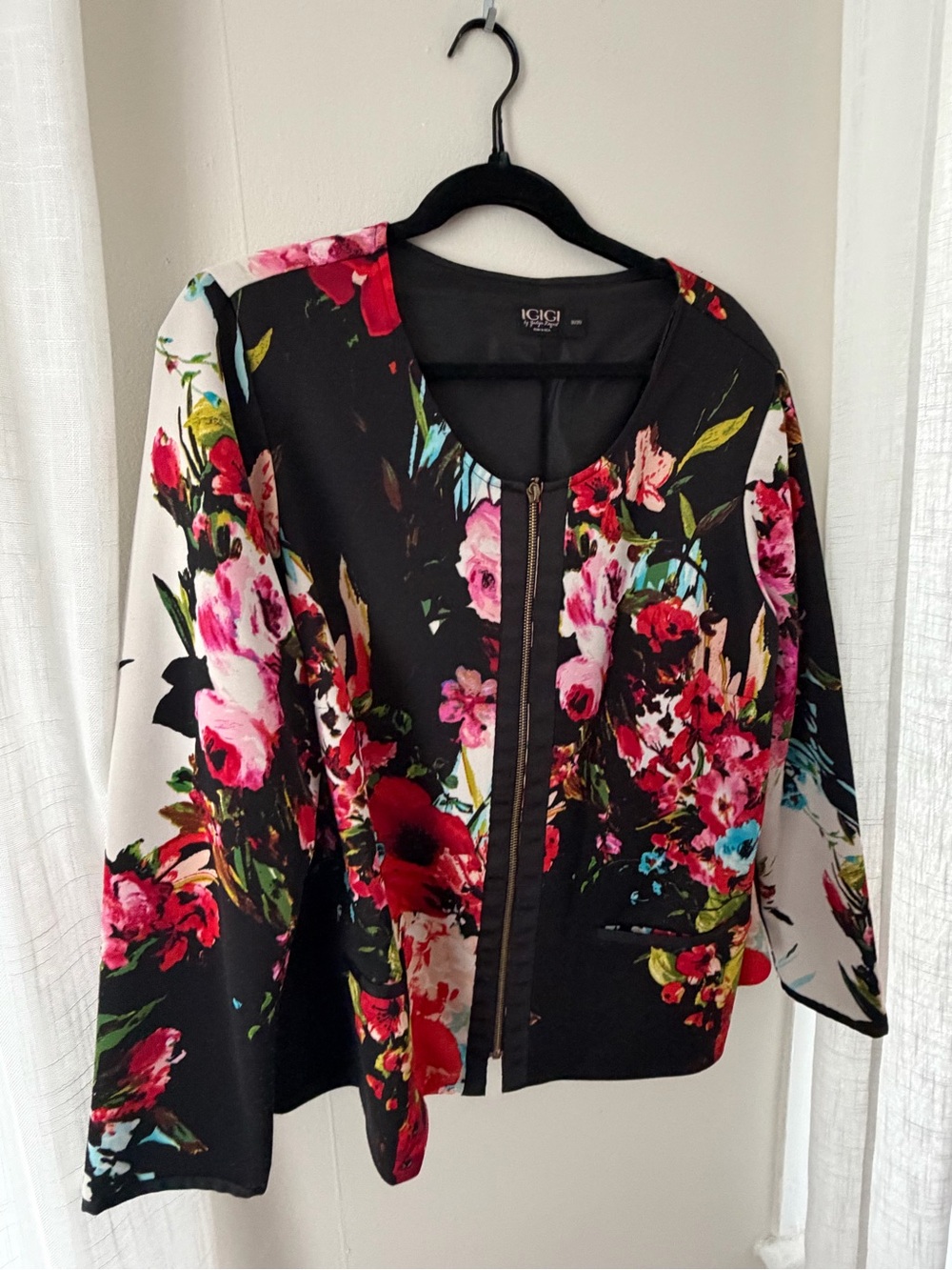 Igigi Black Floral Zip-Front Jacket with Multicolor Blooms